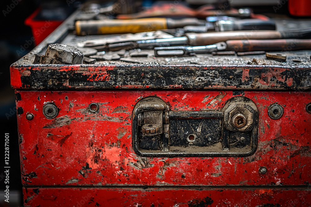 Close-up of a weathered red toolbox filled with assorted tools, set in a cluttered workshop environment Close-up of a weathered red toolbox filled with assorted tools, set in a cluttered workshop environment