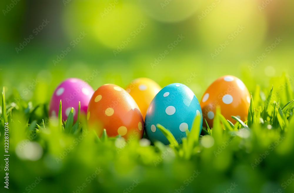 Five Easter eggs with polka dots are lying on the green grass, close-up Five Easter eggs with polka dots are lying on the green grass, close-up