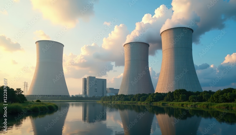 Imposing nuclear power plant with colossal cooling towers , generator, heat Imposing nuclear power plant with colossal cooling towers , generator, heat