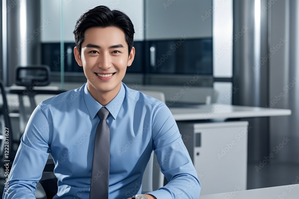 arafed man in a blue shirt and tie sitting at a desk arafed man in a blue shirt and tie sitting at a desk