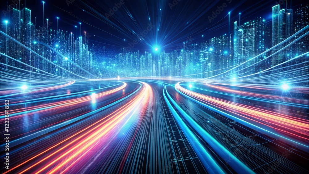 Futuristic Digital Cityscape with Light Trails at Night Futuristic Digital Cityscape with Light Trails at Night