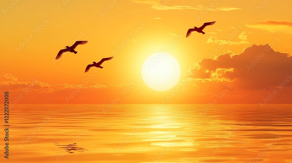 Three birds fly across an orange sky and sea with a large sun in background Three birds fly across an orange sky and sea with a large sun in background