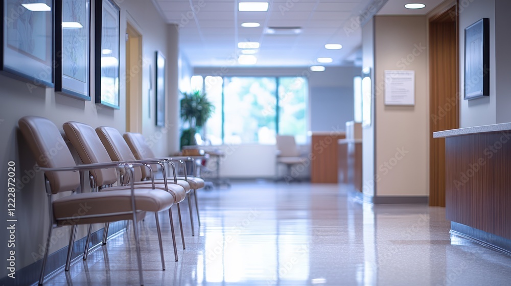 Fototapeta premium A clean, modern hospital corridor featuring empty chairs, natural light, and minimalistic decor, suggesting a calm environment for patients and visitors.