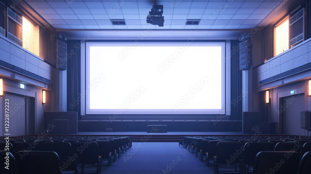 Fototapeta premium A dimly lit movie theater with empty seats and a large blank screen, creating an atmosphere of anticipation for an upcoming film.