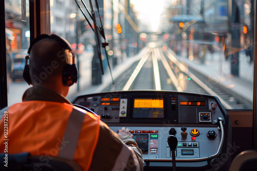 Tram driver navigating the city tracks with a view through the windshield at sunset, control panel aglow. photo