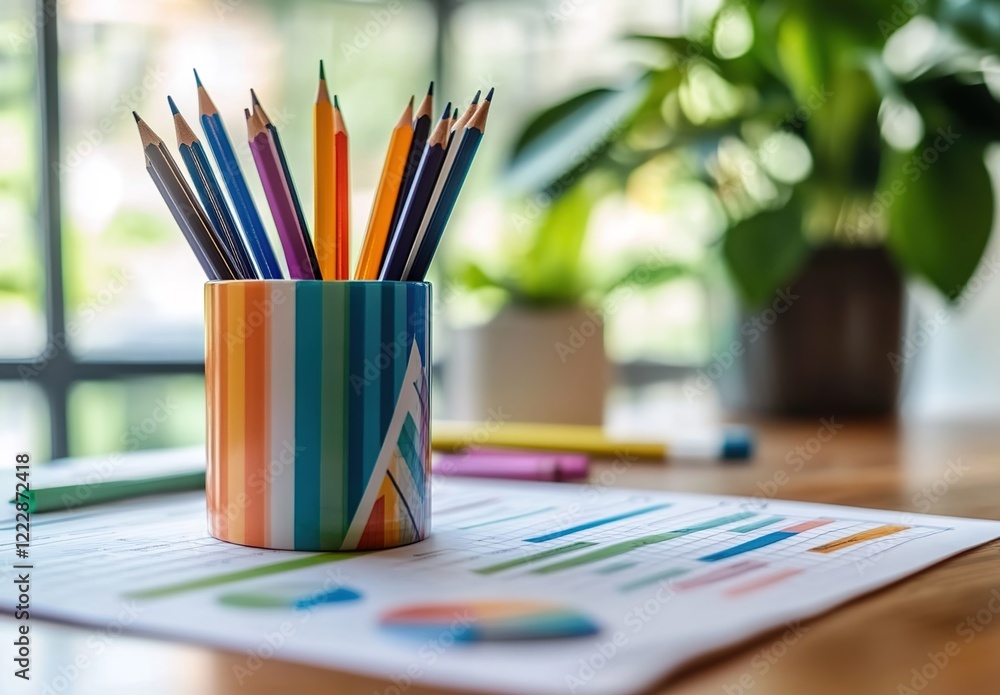 A colorful pencil cup with pencils on top of an office desk, next to it is the colorful financial graph paper and documents. A colorful pencil cup with pencils on top of an office desk, next to it is the colorful financial graph paper and documents.