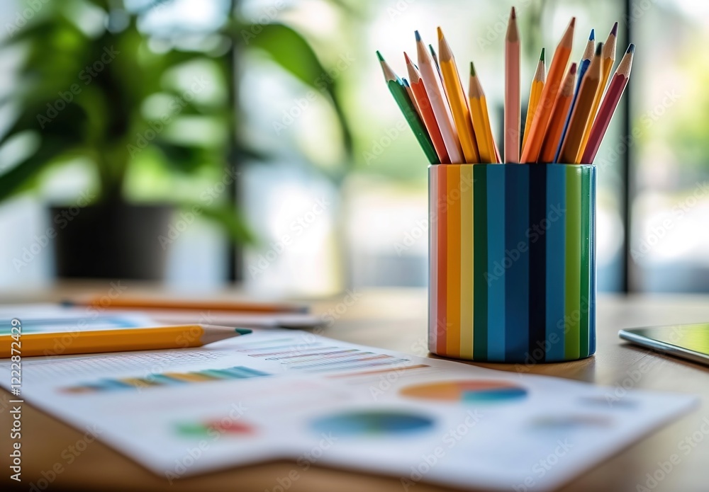 A colorful pencil cup with pencils on top of an office desk, next to it is the colorful financial graph paper and documents. A colorful pencil cup with pencils on top of an office desk, next to it is the colorful financial graph paper and documents.