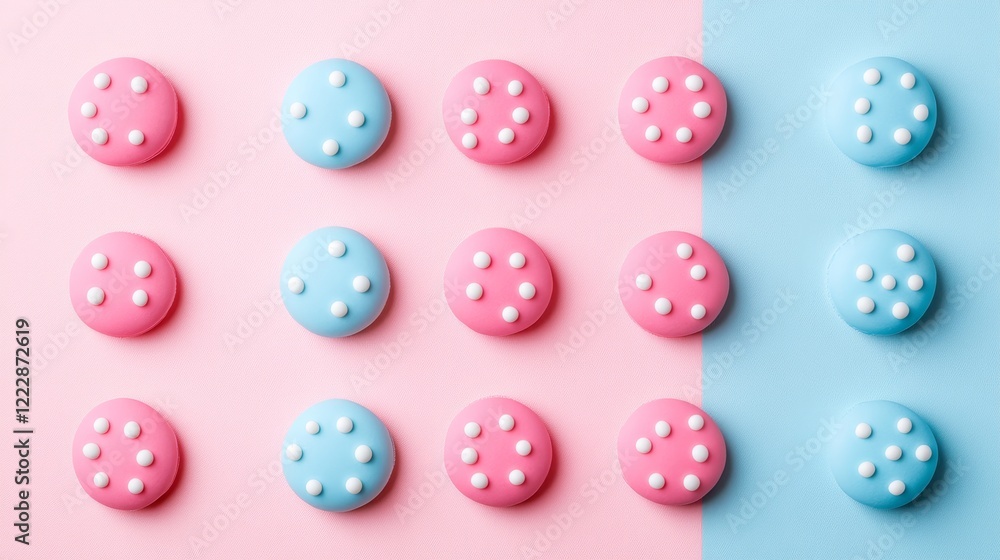 Pink and Blue Pastel Background, Pattern of Delicious Round Cookies With White Dots, Food Design Pink and Blue Pastel Background, Pattern of Delicious Round Cookies With White Dots, Food Design