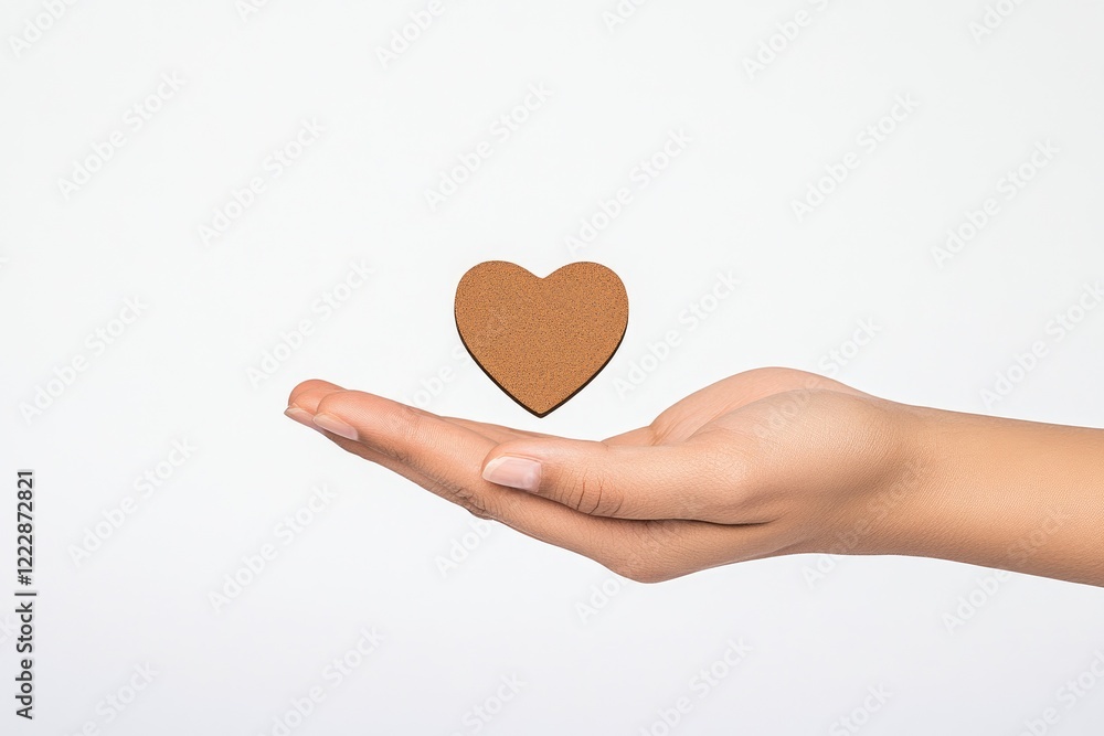 Fototapeta premium A hand gently holds a floating heart symbolizing love and care against a clean white background