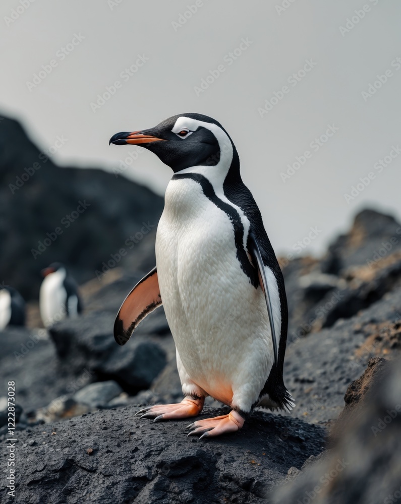 Naklejka premium A solitary penguin stands proudly on rocky terrain, showcasing its distinctive black and white plumage against a muted background.