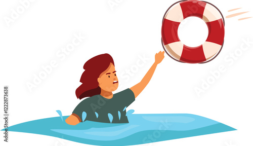 Drowning woman reaching for lifebuoy thrown by rescuer, depicting water safety and emergency response