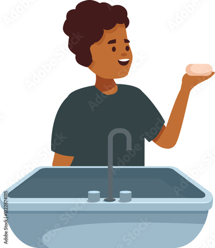 Happy child holding soap preparing to wash hands, promoting hygiene and cleanliness