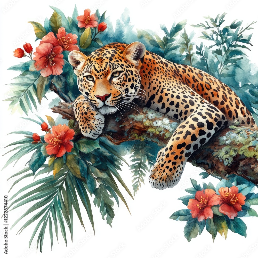 Fototapeta premium A serene leopard resting on a vibrant floral branch amidst lush greenery, showcasing nature's beauty