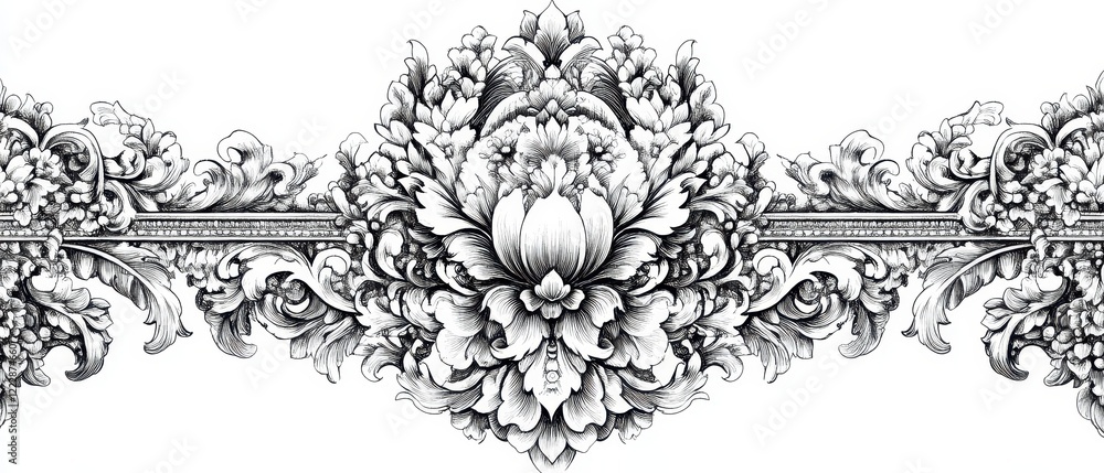 Obraz premium Thai traditional sak yan designs, fine black line work, white background, elegant and intricate patterns for modern applications