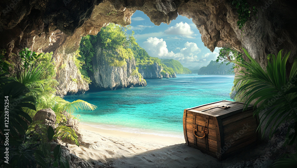Obraz premium A view of a tropical island from inside a pirate ship's cave