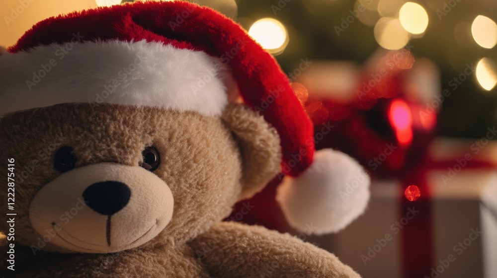 Santa hat on a teddy bear. Adorable and festive scene. Emphasizing holiday cheer and toys. Perfect for Christmas-themed decorations. Santa hat on a teddy bear. Adorable and festive scene. Emphasizing holiday cheer and toys. Perfect for Christmas-themed decorations.