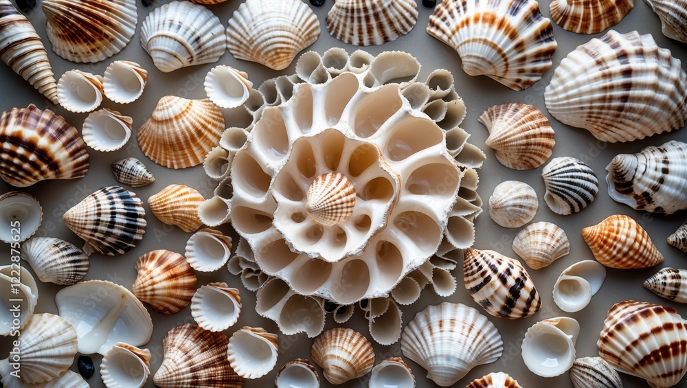 A captivating assortment of seashells, showcasing various shapes, sizes, and colors, centered around a large, intricate shell. A captivating assortment of seashells, showcasing various shapes, sizes, and colors, centered around a large, intricate shell.