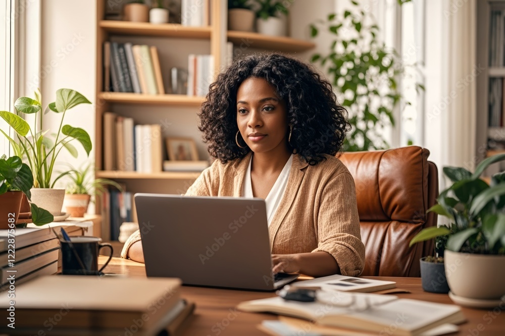 Fototapeta premium woman sitting at a desk with a laptop computer in front of her