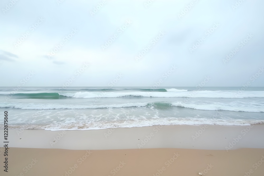 A wide-angle view of a quiet beach with layers of waves rolling toward the shore. A wide-angle view of a quiet beach with layers of waves rolling toward the shore.