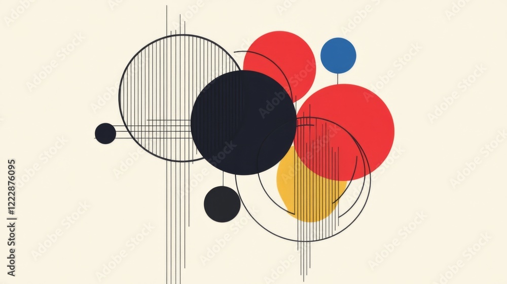 Obraz premium Abstract geometric art with circles, lines, and red, black, yellow, and blue colors.