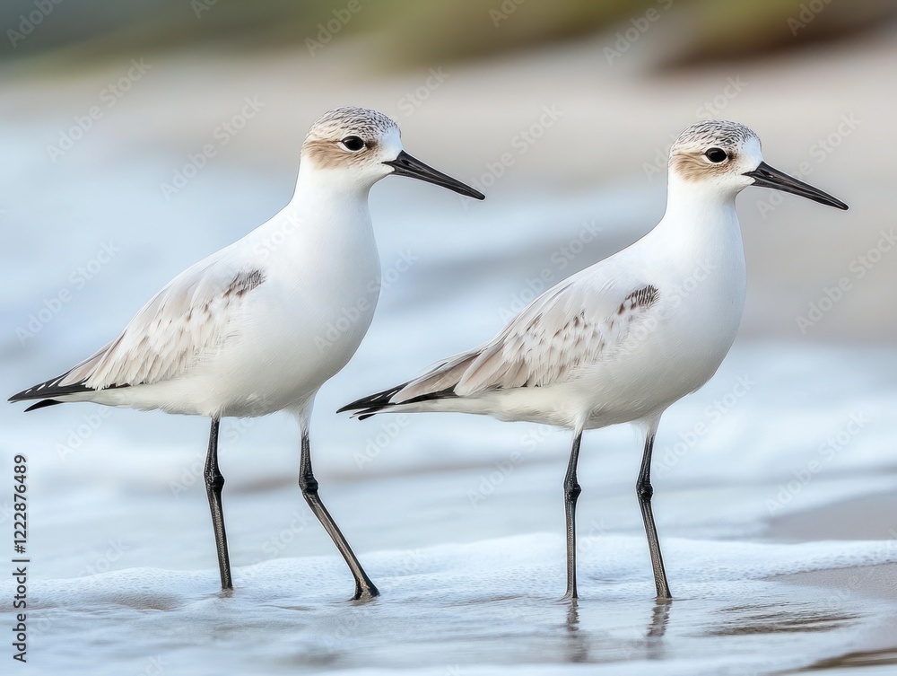 Two sanderlings wading in the ocean at the edge of the seashore in early morning light Two sanderlings wading in the ocean at the edge of the seashore in early morning light
