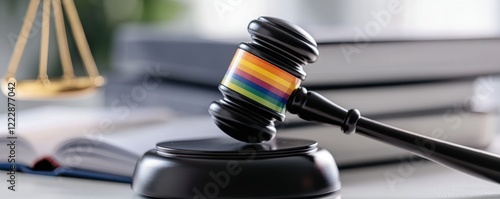 Legal gavel placed on a stack of law books with a small rainbow flag tucked between the pages, symbolic representation of justice