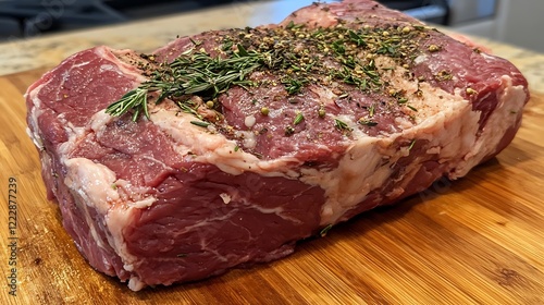 Prime rib roast sourced from grass-fed cattle, enhanced with custom herbs and spices. photo