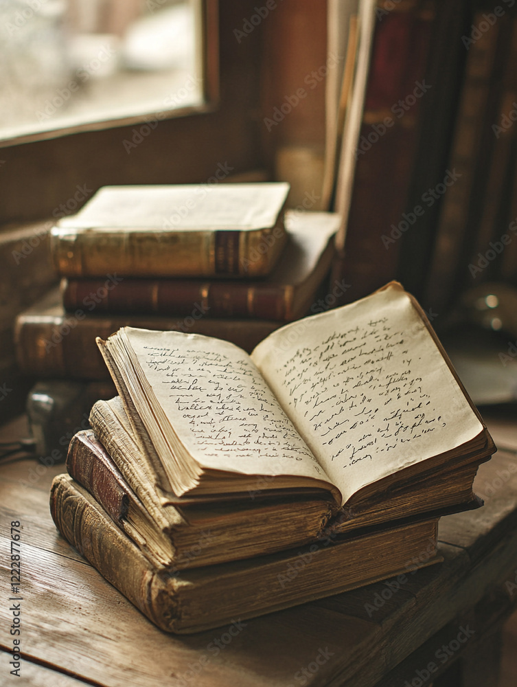 Fototapeta premium Exploring Antique Books Cozy Study Still Life Warm Environment Close-Up Timeless Knowledge