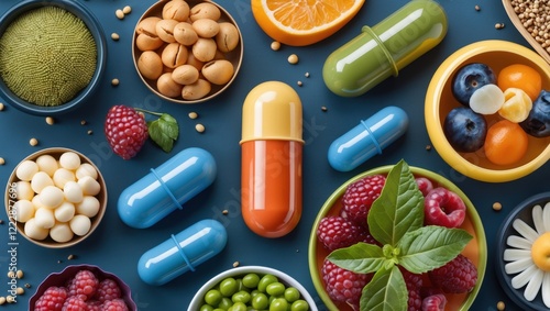 A vibrant assortment of fruits, nuts, and dietary supplements arranged on a blue surface, showcasing a healthy lifestyle and wellness theme.