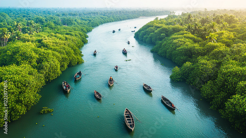 Aerial View of Boats on River Gessler in India Amidst Mangrove Forests at Sunset photo