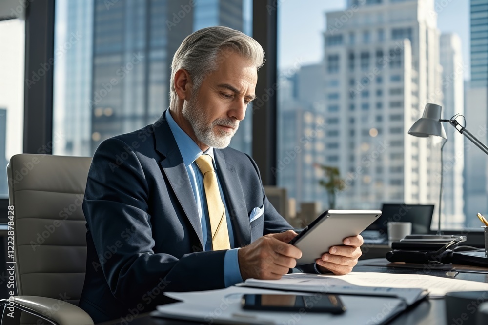 arafed man in a suit sitting at a desk using a tablet arafed man in a suit sitting at a desk using a tablet