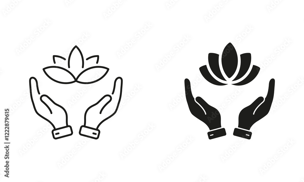 Lotus and Hands, Meditation Pictogram. Human Hands Holding Flower Line and Silhouette Icon Set. Yoga and SPA Symbol. Beauty Medical Clinic Sign. Editable Stroke. Isolated Vector Illustration Lotus and Hands, Meditation Pictogram. Human Hands Holding Flower Line and Silhouette Icon Set. Yoga and SPA Symbol. Beauty Medical Clinic Sign. Editable Stroke. Isolated Vector Illustration