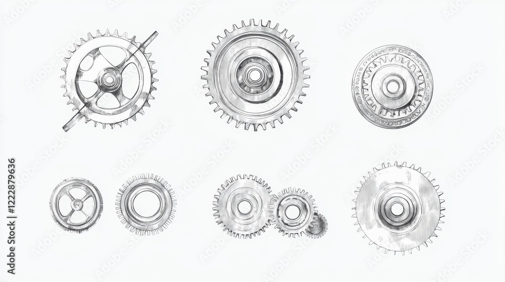 Collection of various gears, cogs, and sprockets in grayscale.