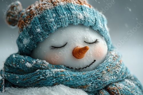 A sad snowman with closed eyes and head down, wearing a blue scarf against a light grey background. Winter concept.