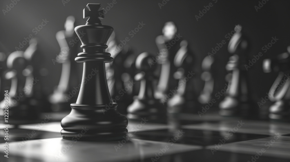 close up of black king chess piece surrounded by other chess pieces, creating dramatic and strategic atmosphere. focus on king emphasizes its importance in game close up of black king chess piece surrounded by other chess pieces, creating dramatic and strategic atmosphere. focus on king emphasizes its importance in game