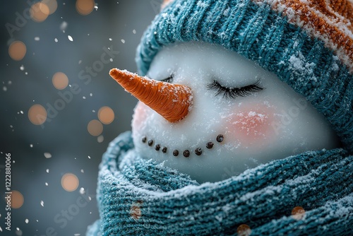 A sad snowman with closed eyes and head down, wearing a blue scarf against a light grey background. Winter concept. 