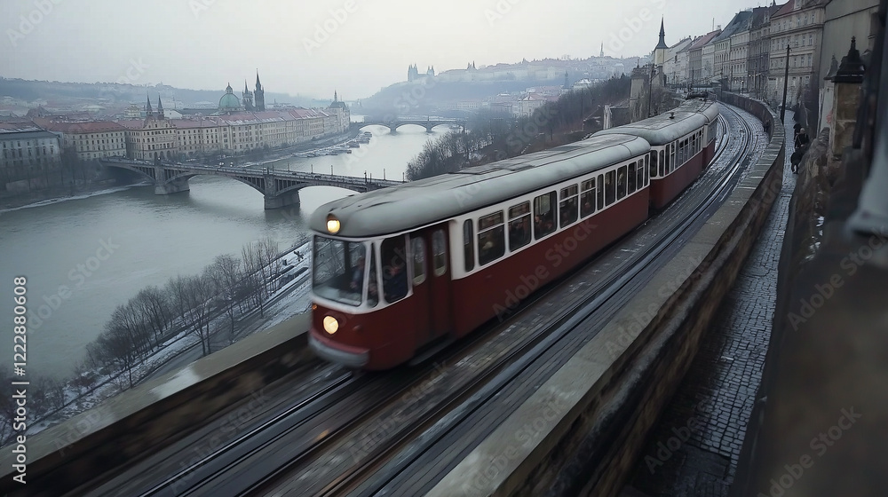 Naklejka premium Tram on city sreet.