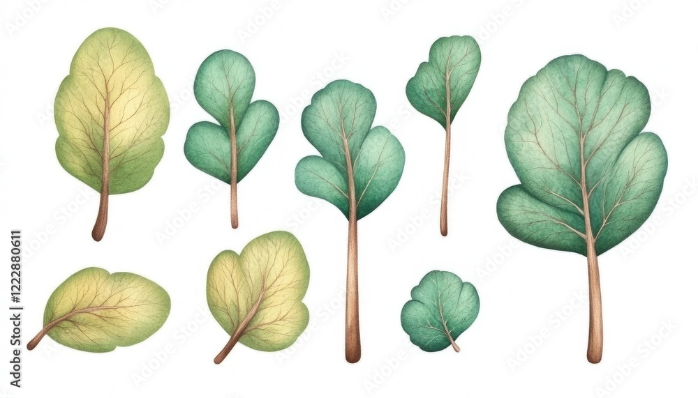 Obraz premium Collection of various green and yellow leaves arranged artistically on a white background for design use