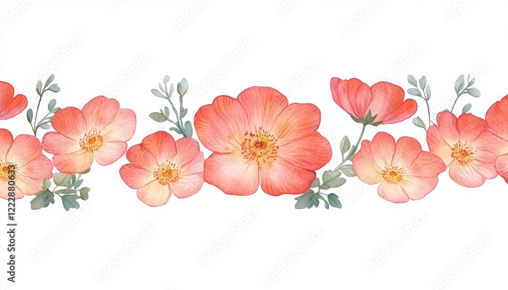 Vibrant watercolor illustration of blooming flowers with delicate leaves on a clean white background Vibrant watercolor illustration of blooming flowers with delicate leaves on a clean white background