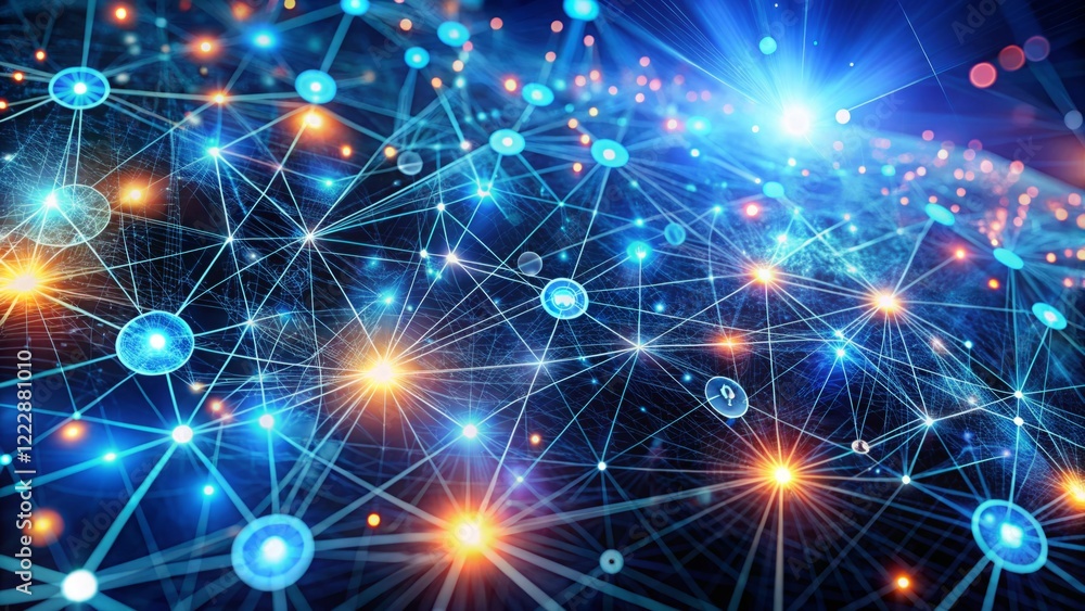 Abstract Digital Network Connection with Bright Nodes and Lights Abstract Digital Network Connection with Bright Nodes and Lights