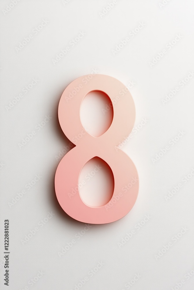 Soft pink numeral eight stands prominently against minimalistic Soft pink numeral eight stands prominently against minimalistic
