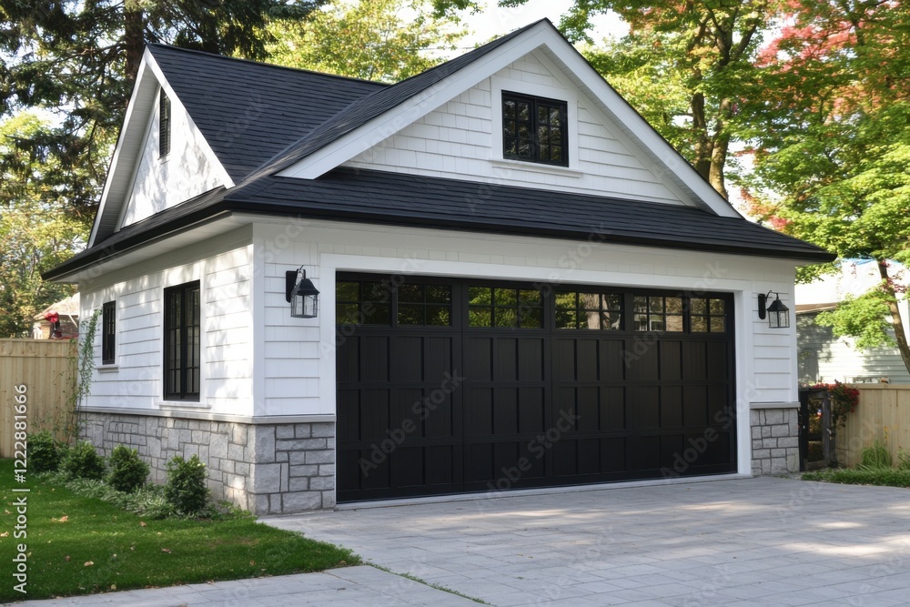Modern garage design featuring a sleek black door and elegant white siding in a landscaped residential setting during autumn Modern garage design featuring a sleek black door and elegant white siding in a landscaped residential setting during autumn