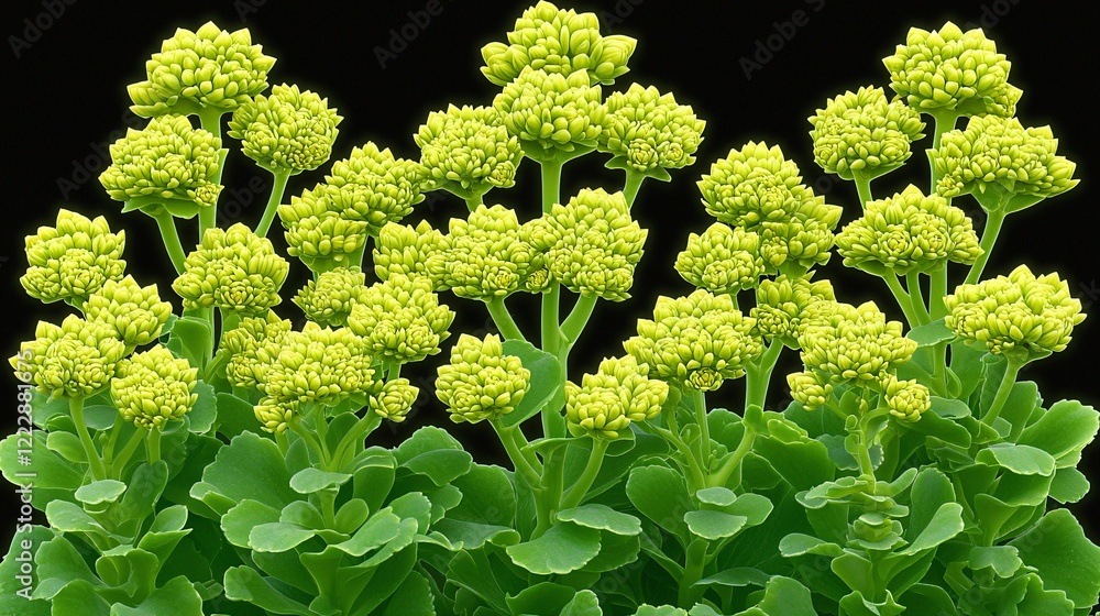Green Sedum Flowers Closeup. Botanical Garden. Spring Blooms. Nature Photography