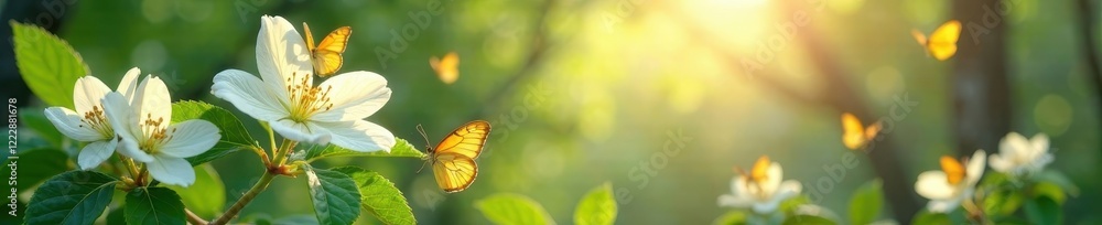 Luminous white blossoms, flitting butterflies, sunlit forest clearing, insect, nature, tranquil Luminous white blossoms, flitting butterflies, sunlit forest clearing, insect, nature, tranquil