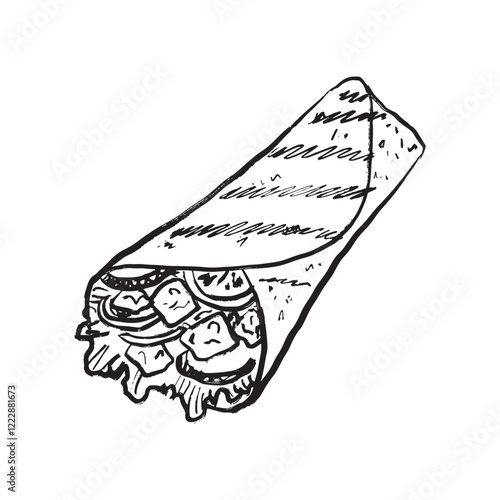Tasty pita roll with chicken mean and vegetables. Street food design. Shawarma charcoal drawing with salad, pork, cucumber. Hand drawn vector sketch illustration in vintage charcoal ink style