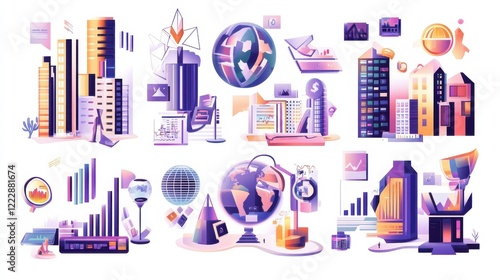 Global economy abstract concept vector illustration set. Economic development, stock market index, intellectual capital, financial institution, exchange rate, money investment abstract metaphor. illu photo