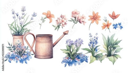 A detailed illustration of various colorful flowers and a watering can, showcasing vibrant garden elements