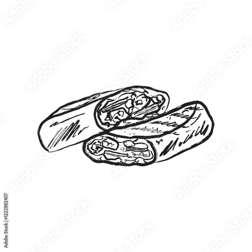 Tasty pita roll half cut with chicken mean and vegetables. Street food design. Shawarma charcoal drawing with salad, pork, cucumber. Hand drawn vector sketch illustration in vintage charcoal ink style