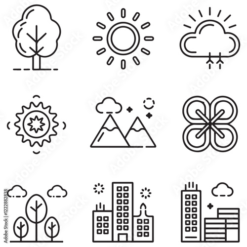 Set of outline icons related to environment. Linear icon collection. Editable stroke. Vector illustration