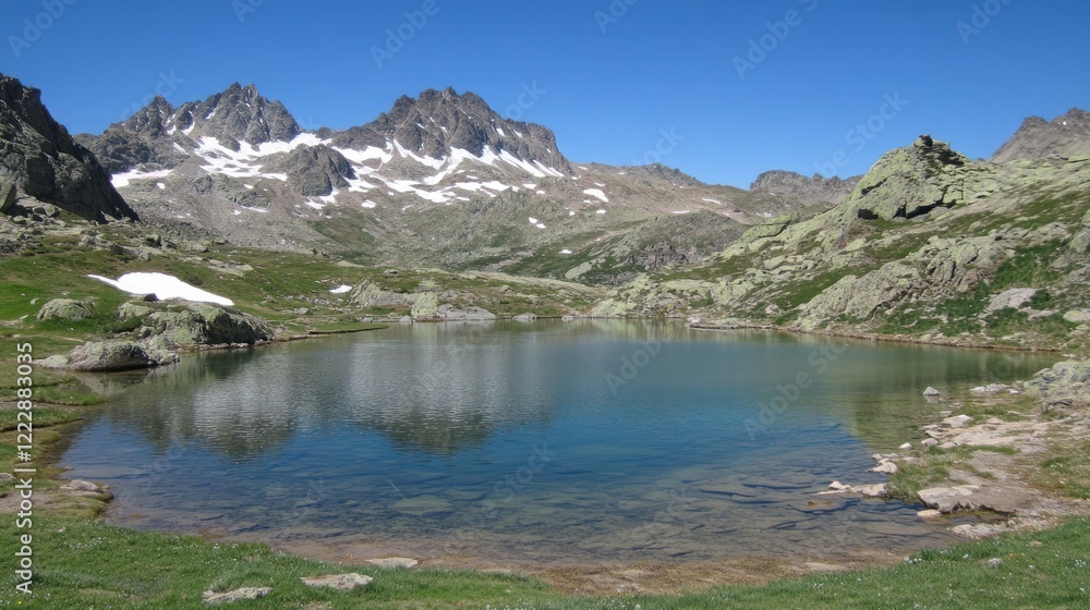 Mountain lake reflecting snow capped peaks in summer Mountain lake reflecting snow capped peaks in summer